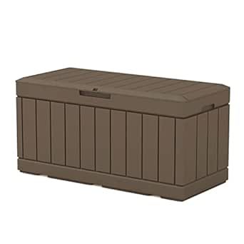 Patiowell 82 Gallon Resin Deck Box, Waterproof Large Wood Look Storage Box for Patio Furniture, Pool Accessories, Toys, Garden Tools and Sports Equipment, Lockable, Brown
