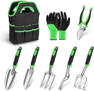 sungwoo Garden Tool Set 8 Piece, Heavy Duty and Lightweight Aluminium Alloy Tools with Non-Slip Ergonomic Handle, Durable Storage Tote Bag, Gardening Hand Tools, for Women and Men Green