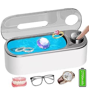 Ultrasonic Jewelry Cleaner, Battery Powered with 3 Timer LED Screen Portable Household, Deeper 304 Stainless Steel Tank, Super Quiet for Rings Necklaces Eyeglasses Watch Strap Makeup Brush Denture