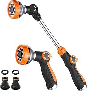 Watering Wand, Garden Hose Wand with 8 Spray Pattens, 180° Adjustable Swivel Nozzle, Heavy Duty Garden Watering Wand for Lawn (Long & Short 2 Set)