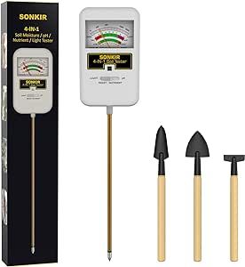 Sonkir Soil Moisture Meter, 4-in-1 Soil Ph Meter, Soil Tester for Nutrients, Moisture, PH and Light, Soil Ph Test Kits for Plant, Great for Garden, Lawn, Indoor & Outdoor Use (No Battery Required)