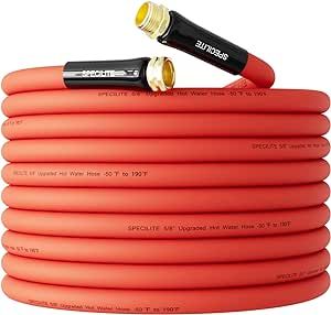SPECILITE Hot/Cold Water Hose 5/8" x 50 ft,Heavy Duty Red Garden Hose -50? to 190?,Flexible & Lightweight Rubber Hoses With 3/4" Brass Fittings for Yard,Outdoor,Farm