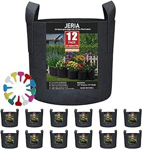 JERIA 12-Pack 20 Gallon, Vegetable/Flower/Plant Grow Bags, Aeration Fabric Pots with Handles (Black), Come with 12 Pcs Plant Labels