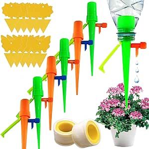 Self Watering Spikes, 12Pack Plant Water Stakes + 12Pack Flower Papers Automatic Drip Irrigation System Adjustable Valve Switch Can Device for Garden Plants Indoor Outdoor Home or Vacation Use NSWXZDS