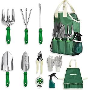 GardenHOME Garden Tool Set - 11Pcs Garden Hand Tool Set Equipment with Tote Bag Adjustable and Apron,Gardening Tools for Women