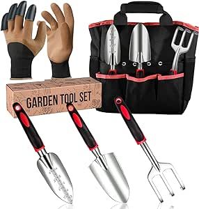 Garden Tool Set - Aluminum Alloy Heavy Duty Gardening Kit - Set of Tools with Ergonomic Handle, Gloves, and Bag - Ideal Gardening Gifts for Men and Women (Red)