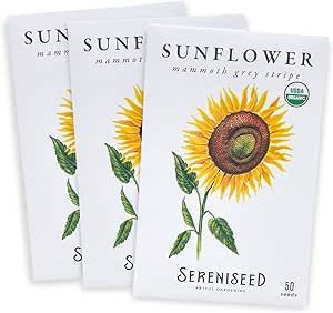 Sereniseed Certified Organic Mammoth Grey Stripe Sunflower Seeds (3-Pack) – 100% Non GMO, Open Pollinated – Guide for Indoor & Outdoor Garden Planting