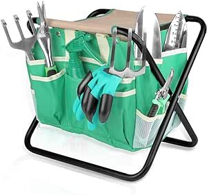 Yongkist 9 PCS All-in-one Garden Tools Set, Heavy Duty Cast-Aluminium Alloy Gardening Tools Kit with Folding Stool Seat&Detachable Canvas Tool Bag , Non-Slip Rubber Grip, Outdoor Hand Tools
