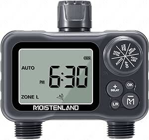 Moistenland Hose Timer, Irrigation Timer, Lawn & Garden Watering Equipment, with Rain Delay/Manual/Automatic Watering System, IP54 Waterproof, 3.1 Inches Large Screen(2 Outlets)
