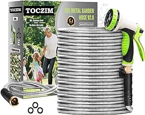 TOCZIM Metal Garden Hose 75FT - Flexible Lightweight Tough 304 Stainless Steel Hose with 10-Way Free Nozzle - Durable 3/4 Solid Brass Fittings and On/Off Valve - No Kink Rust Proof Leak Resistant