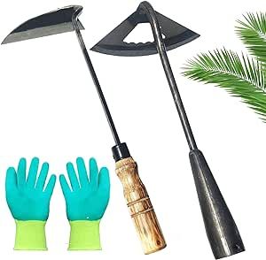 Zimchado Pack of Weeding Tool Hollow Hoe and Japanese Sickle Garden Tool and a Pair of Professional Gardening Gloves - Heavy Duty Very Sharp Gardening Hand Tools for Landscaping - Nejiri Gama Hoe