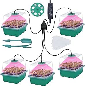 Giixer 5 Packs Seed Starter Kit with LED Grow Light - 60 Cells Seed Starting Tray, Humidity Dome for Seed Growing Germinating, Indoor Garden Seedling Starting, Cutting Clone & Plant Propagation Kit