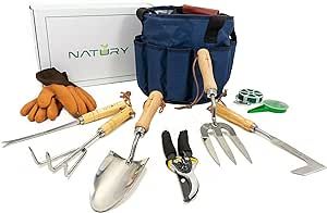 Natury Garden Tools Set – Premium Stainless Steel Gardening Hand Tools with Solid Beechwood Handle – Gardening Kit with Rake, Shovel, Gloves, Shears, Tool Organizer – Garden Gifts for Women and Men