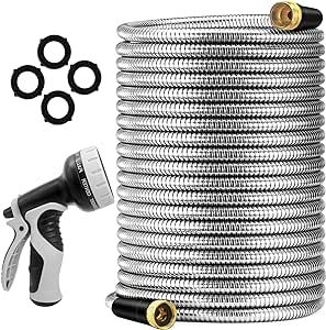 Garden Hose - 50ft Stainless Steel Water Hose with 10-Function Spray Nozzle, No-Tangle & No-Kink, Tough & Flexible Heavy-Duty Hose, Durable and Rust-Proof Hose for Your Yard