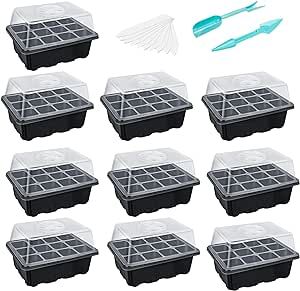 Bonviee 10 Packs Seed Starter Tray Seed Starter Kit (12 Cells Per Tray) with Adjustable Humidity Dome and Base Greenhouse Grow Trays for Seeds Growing Starting