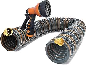 HomeyHoney EVA Recoil Garden Hose 50 ft, Coiled Boat Hose, Heavy Duty EVA coil Hose with Spray Nozzle and Brass Connectors for Outdoors, Yard, Boats, Car Washing