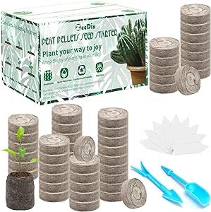 ZeeDix 50 Pcs 40mm Peat Pellets Seed Starter Soil Pods Plugs for Vegetable, Seedling Soil Block Compressed Peat Nutrient Seed Pods for Planting Easy Transplant with 50 Plant Labels & 2 Garden Tools