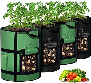 MEKOLIFE 4-Pack 10 Gallon Grow Bags with Window to Harvest - Potato Grow Bags with Flap and Handles - Thickened Fabric Pots - Large - Tomato Vegetables Grow Bags with Harvest Window