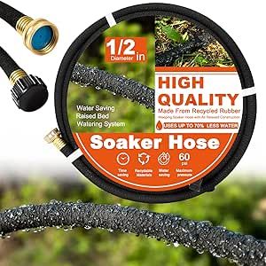 Soaker Hose 50 FT,1/2 inch Round Soaker Hose with Solid Brass Connector,Heavy Duty Soaker Hose Save 70% Water,Soaker Hoses for Garden, Lawn, Landscaping, and Plants (50 FT)