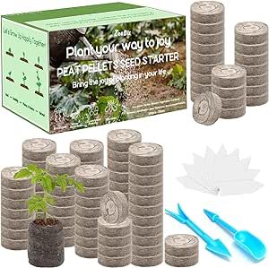 ZeeDix 100 Pcs 30mm Peat Pellets Seed Starter Soil Pods Plugs for Vegetable Seedling, Compressed Peat Nutrient Pods for Planting Easy Transplant with 100 Plant Labels & 2 Garden Tools