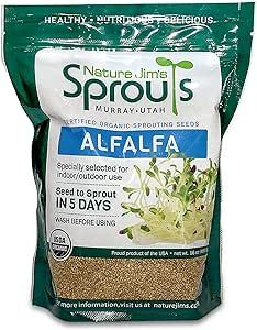 Nature Jims Sprouts alfalfa Seeds – 16 Oz Organic Sprouting Seeds – Non-GMO Premium Alfalfa Seeds – Resealable Bag for Longer Freshness – Rich in Vitamins, Minerals, Fiber