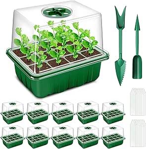 YAUNGEL Seed Starter Tray, 10 Pack 120 Cells Thicken Seed Starting Trays Kit with Humidity Dome/Heightened Lids Growing Trays for Greenhouse & Gardens, Green