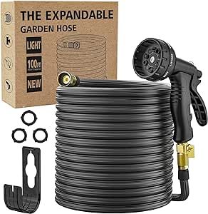 50ft Expandable Garden Hose with Holder, 2024 Lightweight Water Hose with 10-Function Spray Nozzle, Leak-Proof Multi-Layer Water Hose with 3/4" Solid Brass Connectors Fittings, No-Kink-Black