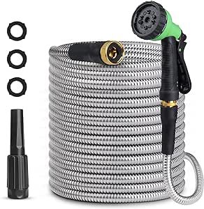 Shunvan life Garden Hose - 50ft Flexible Garden Hose with Swivel Handle and 10-Functional Nozzles, Lightweight Stainless Steel Metal Water Hose for Outdoor, Patio Use