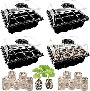 Halatool Seedling Trays Seed Starter Kit- 50 Pcs Peat Pellets and 48 Cells Mini Greenhouse Garden Seedling Starter Trays with Vented Humidity Dome for Plant, Flowers and Vegetables