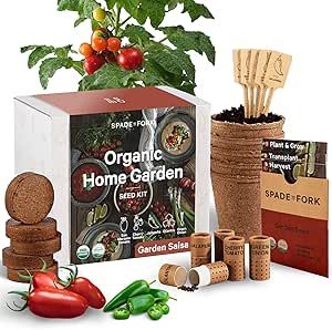Organic Indoor Salsa Garden Starter Kit - Made in USA - Certified USDA Organic - 5 Seed Types San Marzano & Cherry Tomato, Jalapeno, Cilantro, Green Onion - Potting Soil, Indoor Herb Garden Kit