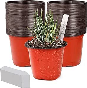 TDHDIKE 4" Small Plastic Plant Nursery Pot/Pots (100pcs) Seedlings Flower Plant Container (Red) Seed Starting Pots Indoor Outdoor, Come with 100pcs Plant Labels