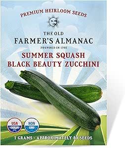 The Old Farmer's Almanac Heirloom Summer Squash Seeds (Black Beauty Zucchini) - Approx 50 Seeds - Non-GMO, Open Pollinated, USA Origin