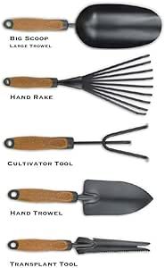 Olmsted Forge Garden Tool Set, 5 Pieces, Heavy Duty Powder Coated Steel, Cork Handle