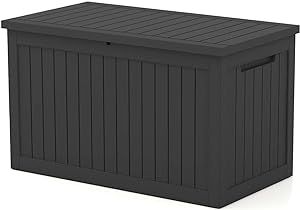 Patiowell 230 Gallon Deck Box, Waterproof Resin Large Outdoor Deck Storage Box for Patio Furniture, Pool Accessories, Toys, Garden Tools and Sports Equipment, Lockable, Black…