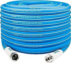 Fevone Garden Hose 100 ft, Drinking Water Safe, Flexible and Lightweight - Kink Free, Easy to Coil, 3/4" Solid Aluminum Fittings - No Leak, 5/8" ID., Heavy Duty Water Hose