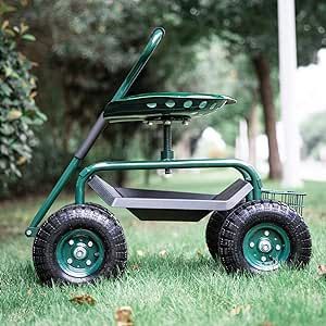 Kinfant Rolling Garden Cart Workseat - Outdoor Garden Stool Cart 360 Degree Swivel Seat Green