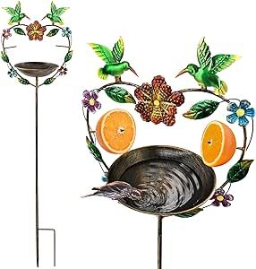 SUNNYPARK 41 Inch Height Standing Bird Bath Feeder with Metal Heart Shape Stake, Birdbath Bowl Spa & with Fruit Skewers Birdfeeder Decor for Garden, Backyard, Outdoor Patio - Hummingbird