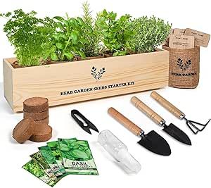 Indoor Herb Grow Kit, 5 Seeds Garden Starter Kit with Complete Planting & Wooden Flower Box, Growing into Basil, Parsley, Rosemary, Thyme, Mint for Kitchen Windowsill DIY