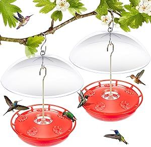 15.5 OZ Hanging Hummingbird Feeders for Outdoors with Rain Guard, Leak Proof Saucer Humming Bird Feeders with Ant Moat, 5 Flower Feeding Ports and Cleaning Brush for Garden Yard Patio (2 Pack)